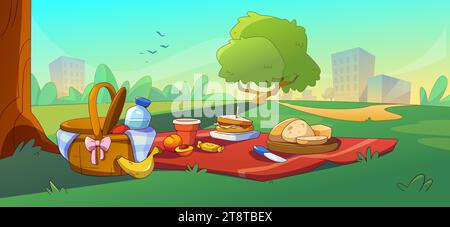 Area picnic nel parco pubblico della città: Panino, pane e frutta su coperta adagiati sull'erba del giardino, cestino con cibo e acqua pronti da mangiare. Cartoon Sum Illustrazione Vettoriale