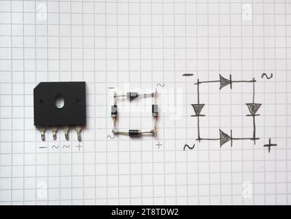 Schema diodo a ponte e diodo a ponte. Componente convertitore c.a.-c.c. semiconduttore. Foto Stock