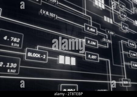 Struttura dei nodi, scheda switch nel settore. Albero dei nodi. Scheda di commutazione industriale con luci di segnalazione. Digitale, dati, blocchi, interruttori, connessioni, tecnologia. Concetto del centro di controllo. Illustrazione 3D node tree008s02 Foto Stock