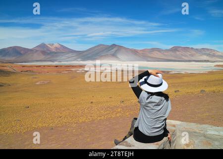 Viaggiatore femminile che rimane impressionato dai laghi salati Salar de Talar nel deserto di Atacama, regione Antofagasta del Cile settentrionale, Sud America Foto Stock