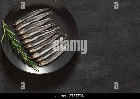 Acciuga europea, hamsa Fresh, diversi piccoli pesci su piatto grigio rametto di rosmarino verde, fonte di omega 3, sfondo scuro, vista dall'alto, spazio per copiare Foto Stock