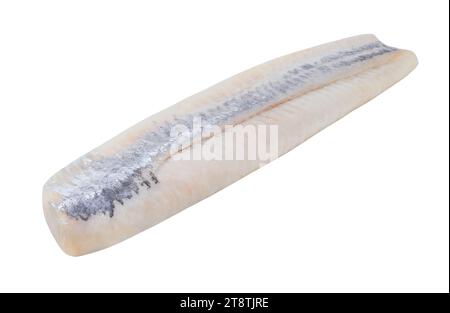 Filetto di aringa sbucciato, intero, primo piano, fonte di omega 3, isolato su sfondo bianco con percorso di ritaglio, vista laterale Foto Stock