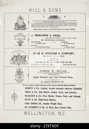 Charles Hill & Sons Ltd: Hill & Sons, agenti di Henry Heath London; Woodrows Hats; John Stetson & Co Philadelphia; James e Mills Londra. Riceviamo regolarmente spedizioni di cappelli... Wellington, nuova Zelanda, N.Z. 1897, mostra pannelli con dettagli di tutti e quattro i produttori di cappelli d'oltremare per i quali C Hill & Sons era l'unico agente. Altri produttori che fornivano cappelli alla società erano: Christy & Company Ltd, Tress & Company, MacQueen & Company, Glynn & Company, Cool Spring Company, de Clermont & Company di Parigi Foto Stock