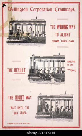 Wellington, New Zealand Corporation Tramways: Il modo sbagliato per scendere da questa macchina.. il risultato... nel modo giusto. Aspetta che la macchina si fermi. Lankshear, Printer, Wellington, nuova Zelanda 13735 CA 1910-1915, mostra una carrozza del tram, un gentiluomo, una signora e un bambino in tre scene che mostrano la strada sbagliata, il risultato e il modo giusto di scendere Foto Stock