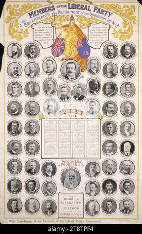 Partito Liberale: Membri del Partito Liberale del diciassettesimo parlamento del dominio della nuova Zelanda. Calendario, 1910. N. Z. Times Co, Ltd, WG'tn, mostra ritratti di 52 membri del parlamento, intorno a un calendario per il 1910. In cima c'è una figura femminile allegorica (Britannia o Zealandia) con scudi che mostrano bandiere neozelandesi e britanniche Foto Stock