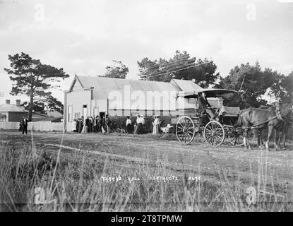 Vista di Tarry's Hall, Queen Street, Northcote, Auckland, nuova Zelanda, vista di Queen Street che mostra una folla riunita fuori Tarry's Hall. A destra della fotografia si trova una carrozza trainata da cavalli o un autobus. Gli alberi di macrocarpa crescono dietro la sala e un altro tra la sala e la casa sulla sinistra. Presa CA 1900 Foto Stock