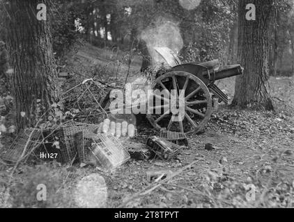 Una di una batteria di 4,2 cannoni catturati a Pont-a-Pierre, Francia, prima guerra mondiale, una di una batteria di 4,2 tedeschi catturati da un reggimento di Canterbury nella prima guerra mondiale La pistola è mostrata in un legno. Nelle vicinanze si possono vedere diverse conchiglie. Fotografia scattata a Pont-a-Pierre, Francia, 1° novembre 1918 Foto Stock