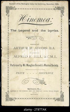 Hinemoa; la leggenda e il testo, scritto da Arthur H Adams, B.A, composto da Alfred F Hill, R.C.M,L. Eseguita dalla Musical Society di Maughan Barnett. Prima produzione, apertura della Wellington, New Zealand Industrial Exhibition, 18 novembre 1896. Souvenir di, copertina di un libretto contenente le parole dell'opera musicale 'Hinemoa Foto Stock