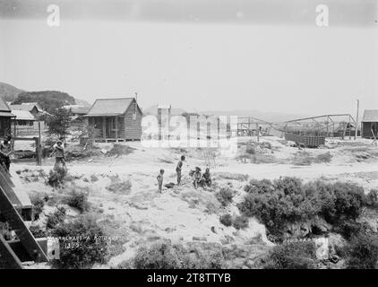 Vista generale di Whakarewarewa, villaggio neozelandese, vista generale del villaggio Maori a Whakarewarewa, nuova Zelanda presa dal ponte. Diversi ragazzi sono seduti sulla riva sopra il fiume e un altro ragazzo è in piedi sul ponte pronto a tuffarsi nel fiume dopo un centesimo. Le case possono essere viste nell'area termale oltre, così come coperte appese su una linea e incorniciate in legno dietro. P ca 1908 Foto Stock