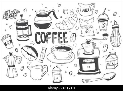 Set di scarabocchi, schizzi semplici disegnati a mano, vari tipi di caffè, ingredienti e dispositivi per la preparazione del caffè. Vettore isolato su sfondo bianco Illustrazione Vettoriale