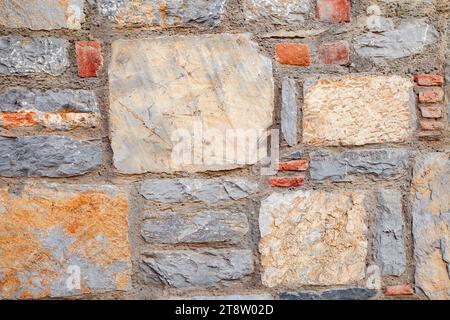 Pareti di mattoni, pietre rettangolari e quadrate diverse, consistenza di marrone, giallo e rosso pietra di sfondo. Foto Stock