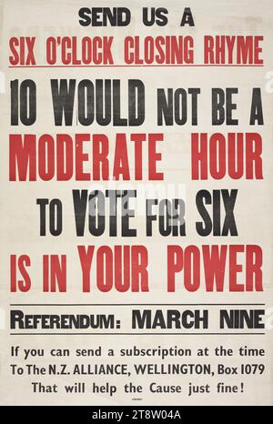 New Zealand Alliance for the Abolition of the Liquor Traffic: Inviaci una rima di chiusura alle sei. 10 non sarebbe un’ora moderata; votare per sei è in tuo potere. Referendum 9 marzo .. Wright & Carman, 127 Vivian Street, Wellington, nuova Zelanda 1949, un lato di un poster su due lati. Disposizione del testo del titolo Foto Stock