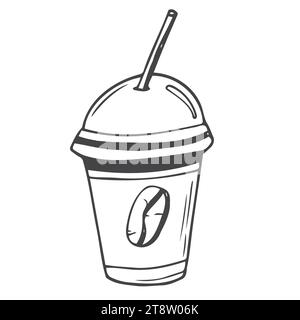 Emblemi del caffè da portare via. Design dei poster per caffè. Tazza di caffè con coperchio. Cartello da asporto con stampa, adesivo, caffè, menu, ristorante, pubblicità. Illustrazione Vettoriale