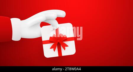 Mano di Babbo Natale che tiene la scatola presente. Informazioni generali sugli sconti di Natale. Illustrazione vettoriale Illustrazione Vettoriale