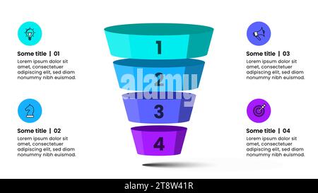 Modello infografico con icone e 4 opzioni o passaggi. Imbuto. Può essere utilizzato per il layout del flusso di lavoro, il diagramma, il banner, il webdesign. Illustrazione vettoriale Illustrazione Vettoriale