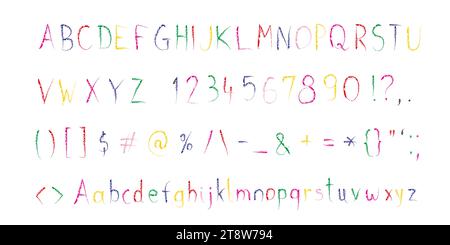 Font da festeggiare colorato e scritto a mano. Disegnare a mano disegnare una collezione creativa di lettering in stile schizzo. Font vettoriale isolato. Illustrazione Vettoriale