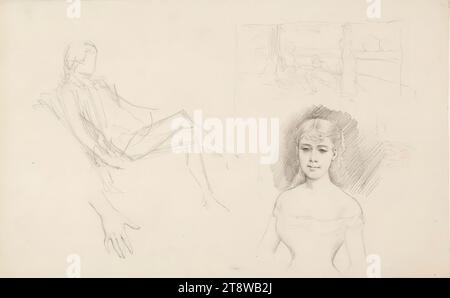 Albert Edelfelt, 21.7,1854, Kiiala Manor, comune di Porvoo, 18.8,1905, Haikko, comune di Porvoo, uomo seduto, disegno, ritratto di una giovane donna e una mano, 21,5 x 35 cm, matita Foto Stock