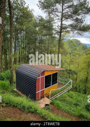 Cottage in legno nel verde della pineta su sentiero naturalistico. Casa in legno o capanna in legno lungo la collina Pinewood Foto Stock