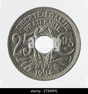 Moneta da 25 centime in nichel della IIIrd Republic, 1914, Lindauer, Edmond-Emile, incisore in medaglie, array, Numismatic, Monnaie, Paris, diametro: 2,4 cm, peso (tipo e dimensioni): 4,97 g Foto Stock