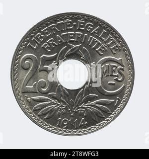 Moneta da 25 centime in nichel della IIIrd Republic, 1914, Lindauer, Edmond-Emile, incisore in medaglie, array, Numismatic, Monnaie, Paris, diametro: 2,4 cm, peso (tipo e dimensioni): 5,04 g Foto Stock