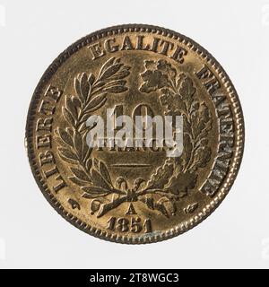 Moneta da 10 franchi della seconda Repubblica, 1852, Merley, Louis, Graveur en médailles, array, Numismatique, Monnaie, Paris, diametro: 1,3 cm, peso (dimensione tipo): 3,21 g Foto Stock