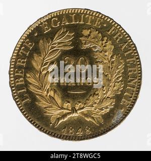 Test per la moneta da 20 franchi della seconda Repubblica, 1848, Merley, Louis, Engraver in medaglie, array, Numismatic, Mint, Paris, diametro: 1,8 cm, peso (dimensione tipo): 6,45 g Foto Stock