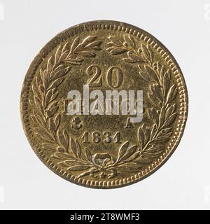 Moneta da 20 franchi di Louis-Philippe, 1831, Tiolier, Nicolas-Pierre, Graveur en médailles, array, Numismatique, Monnaie, Paris, diametro: 1,8 cm, peso (tipo e dimensioni): 6,42 g Foto Stock