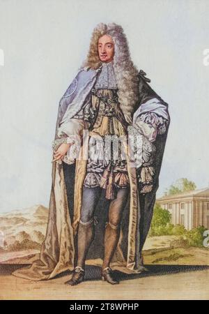 Tracht, Bekleidung, Georgius Pr. Daniae, Dux Cumbriae, Archithalaßus Angliae, Georg, Prinz von Dänemark (1. mai 1653 bis 8. 1708) War der Ehemann der Königin Anne von Großbritannien, Kupferstich von Caspar Luyken von 1703, digital restaurierte Reproduktion von einer Vorlage aus dem 18. Jahrhundert / Costume, abbigliamento, Georgius Pr. Daniae, Dux Cumbriae, Archithalassus Angliae, Giorgio, principe di Danimarca (1 maggio 1653 - 8 novembre 1708) fu il marito della regina Anna di Gran Bretagna, incisione su copperplate di Caspar Luyken dal 1703, riproduzione restaurata digitalmente da un XVIII secolo Foto Stock