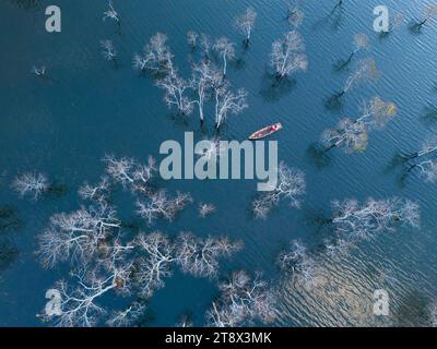 Vista aerea della mattina sul lago Tuyen Lam a Dalat, Vietnam, splendido paesaggio per viaggi ecologici in Vietnam, incredibile lago tra pinete, barca a wat Foto Stock