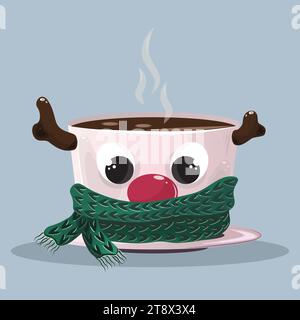 Tazza rosa natalizia con renne corna e tè caldo con sciarpa verde a maglia e vapore. Vettore Illustrazione Vettoriale