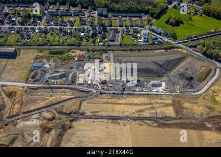 Vista aerea, Wasserstadt Aden, area di costruzione per il quartiere urbano progettato sul sito dell'ex miniera Haus Aden, cantiere, Weddinghof Foto Stock