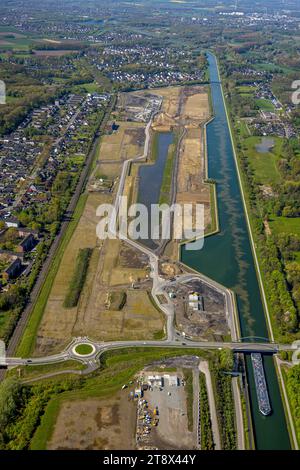 Vista aerea, Wasserstadt Aden, area di costruzione per il quartiere urbano progettato sul sito dell'ex miniera Haus Aden, cantiere, Weddinghof Foto Stock