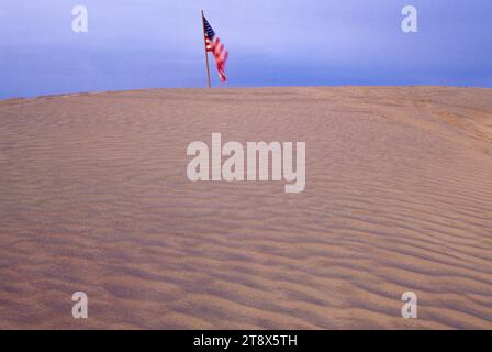 Le dune di sabbia con bandiera americana, Valle di Natale dune di sabbia del deserto Area Studio, Natale Valley National paese indietro Byway, Oregon Foto Stock