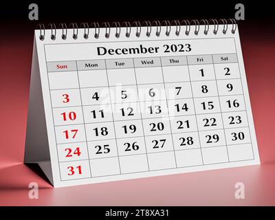 Dicembre 2023. Una pagina del calendario mensile annuale del business desk. rendering 3d. Foto Stock