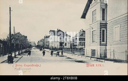 19th, Döbling - Felix-Mottl-Strasse (ex Prinz-Eugen-Strasse), cartolina fotografica, Carl (Karl) Ledermann Jr, creatore, datato intorno al 1898, cartone, collotipo, altezza x larghezza 9 x 14 cm, 19° distretto: Döbling, strada, la solita casa o fila di case, basso edificio di appartamenti, con persone, la Vienna Collection Foto Stock