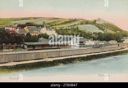 19°, Panorama di Nußdorf, vista contro Nußberg, cartolina fotografica, Sperlings Postkartenverlag (M. S.), produttore, 1900-1905, cartone, stampa eliocroma, altezza x larghezza 9 x 14 cm, stazione ferroviaria, trasporti pubblici, Danubio, traffico e trasporti, 19: Döbling, canali, acque (in città), (alta) collina, Nussdorf., la Vienna Collection Foto Stock