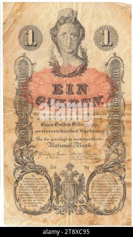 Istruzione, 1 fiorino, Peter Johann Nepomuk Geiger (1805-1880), artista, Privilegierte Österreichische National-Bank, Mint Authority, 01.01.1858, carta, stampa, altezza x larghezza 127 x 74 mm, menta, Vienna, territorio della zecca, Austria, Impero (1804-1867), Finanze, stemma (simbolo dello Stato, ecc.), donna, testa (umana), banconota, soldi, la Vienna Collection Foto Stock