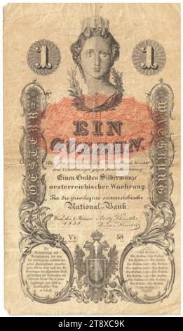 Istruzione, 1 florin, Peter Johann Nepomuk Geiger (1805-1880), artista, Privilegierte Österreichische National-Bank, Mint Authority, 01.01.1858, carta, stampa, altezza x larghezza 127 x 73 mm, menta, Vienna, territorio della zecca, Austria, Impero (1804-1867), Finanze, stemma (simbolo dello Stato, ecc.), donna, testa (umana), banconota, soldi, la Vienna Collection Foto Stock