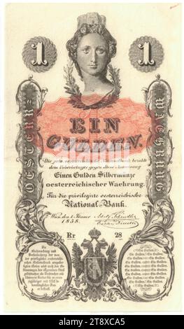 Istruzione, 1 florin, Peter Johann Nepomuk Geiger (1805-1880), artista, Privilegierte Österreichische National-Bank, Mint Authority, 01.01.1858, carta, stampa, altezza x larghezza 126 x 73 mm, menta, Vienna, territorio della zecca, Austria, Impero (1804-1867), Finanze, stemma (simbolo dello Stato, ecc.), donna, testa (umana), banconota, soldi, la Vienna Collection Foto Stock