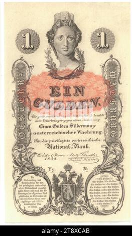 Istruzione, 1 florin, Peter Johann Nepomuk Geiger (1805-1880), artista, Privilegierte Österreichische National-Bank, Mint Authority, 01.01.1858, carta, stampa, altezza x larghezza 126 x 74 mm, menta, Vienna, territorio della zecca, Austria, Impero (1804-1867), Finanze, stemma (simbolo dello Stato, ecc.), donna, testa (umana), banconota, soldi, la Vienna Collection Foto Stock