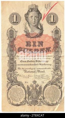 Istruzione, 1 fiorino, Peter Johann Nepomuk Geiger (1805-1880), artista, Privilegierte Österreichische National-Bank, Mint Authority, 01.01.1858, carta, stampa, altezza x larghezza 127 x 73 mm, menta, Vienna, territorio della zecca, Austria, Impero (1804-1867), Finanze, stemma (simbolo dello Stato, ecc.), donna, testa (umana), banconota, soldi, la Vienna Collection Foto Stock