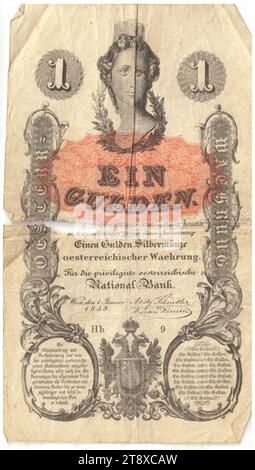 Istruzione, 1 fiorino, Peter Johann Nepomuk Geiger (1805-1880), artista, Privilegierte Österreichische National-Bank, Mint Authority, 01.01.1858, carta, stampa, altezza x larghezza 127 x 73 mm, menta, Vienna, territorio della zecca, Austria, Impero (1804-1867), Finanze, stemma (simbolo dello Stato, ecc.), donna, testa (umana), banconota, soldi, la Vienna Collection Foto Stock