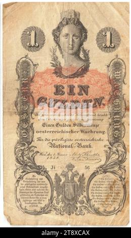 Istruzione, 1 florin, Peter Johann Nepomuk Geiger (1805-1880), artista, Privilegierte Österreichische National-Bank, Mint Authority, 01.01.1858, carta, stampa, altezza x larghezza 127 x 73 mm, menta, Vienna, territorio della zecca, Austria, Impero (1804-1867), Finanze, stemma (simbolo dello Stato, ecc.), donna, testa (umana), banconota, soldi, la Vienna Collection Foto Stock