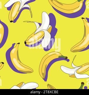 Motivo senza cuciture Bananas su sfondo giallo con ombre viola in stile astratto illustrazione vettoriale.texture alimentare.motivo senza cuciture creativo per wal Illustrazione Vettoriale