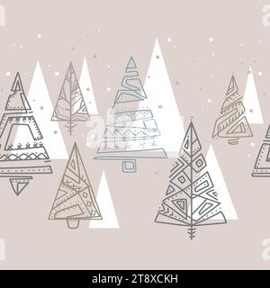 Alberi di Natale motivo dei bordi senza cuciture in stile scandinavo, semplice illustrazione vettoriale con linee artistiche.disegno natalizio per biglietti di auguri.buon divertimento Illustrazione Vettoriale