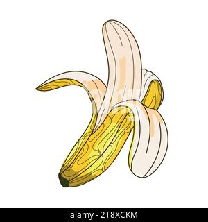 Disegnare l'illustrazione vettoriale dell'icona banana aperta.immagine decorativa astratta di banana isolata su sfondo bianco.elemento di design Fruit per stampa, emblema e. Illustrazione Vettoriale