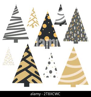 Christmas Trees Vector in moderno stile scandinavo. Collezione boho christmas Trees in stile astratto, design semplice per decorazioni natalizie, poster, Illustrazione Vettoriale