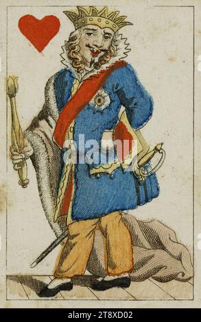 Il gioco di carte caricature: King of Hearts, Johann Hieronymus Löschenkohl (1753-1807), casa editrice, 1806, cartone, colorato, incisione su piastra di rame, altezza x larghezza 8, 7 x 5, 7 cm, gioco, caricatura, Satire, giochi di carte, uomo, carte da gioco, la Vienna Collection Foto Stock