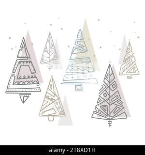 Alberi di Natale in stile scandi buon Natale e Capodanno collezione folk disegno vettoriale.modello albero di Natale in stile scandinavo Illustrazione Vettoriale