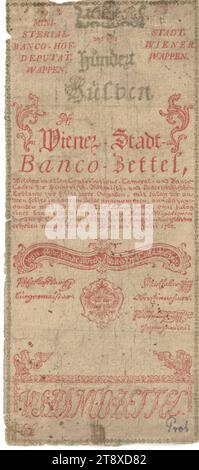 Banco note, 100 fiorini, Vienna City Banco, autorità zecca, 01.07.1762, carta, stampa, altezza x larghezza 198 x 87 mm, menta, Vienna, territorio della zecca, Austria, Impero (1804-1867), Finanze, stemma (simbolo dello stato, ecc.), bancomat, denaro, la Vienna Collection Foto Stock